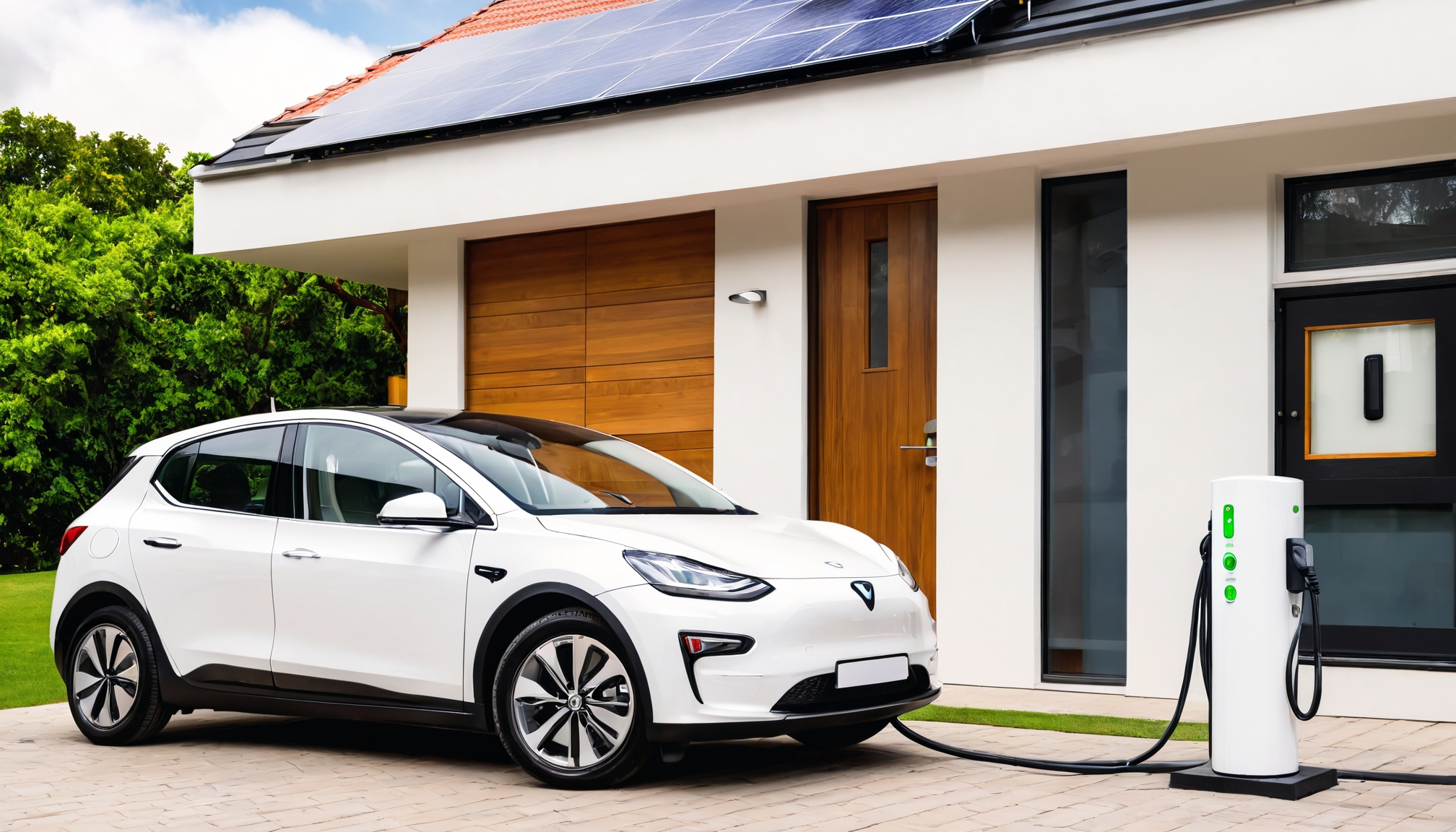 Home electric car charging station setup with an EV plugged in.