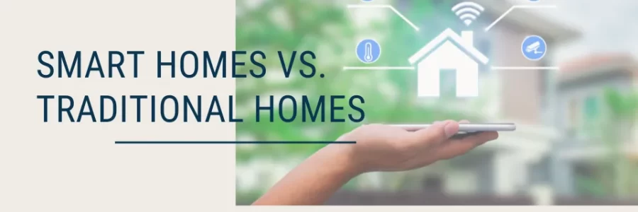 A comparison between smart homes and traditional homes showing energy savings differences.