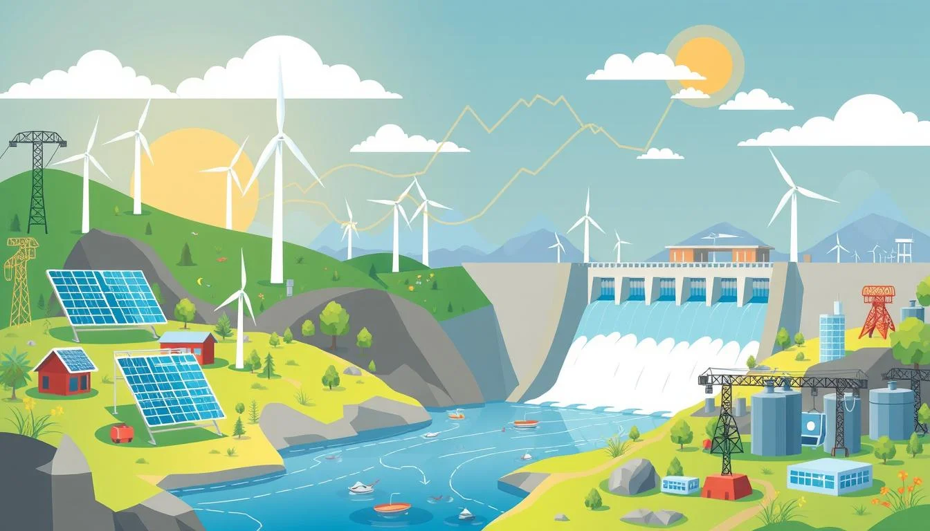 Electricity grid with meters reflecting variable prices influenced by energy sources, infrastructure, and government regulations.